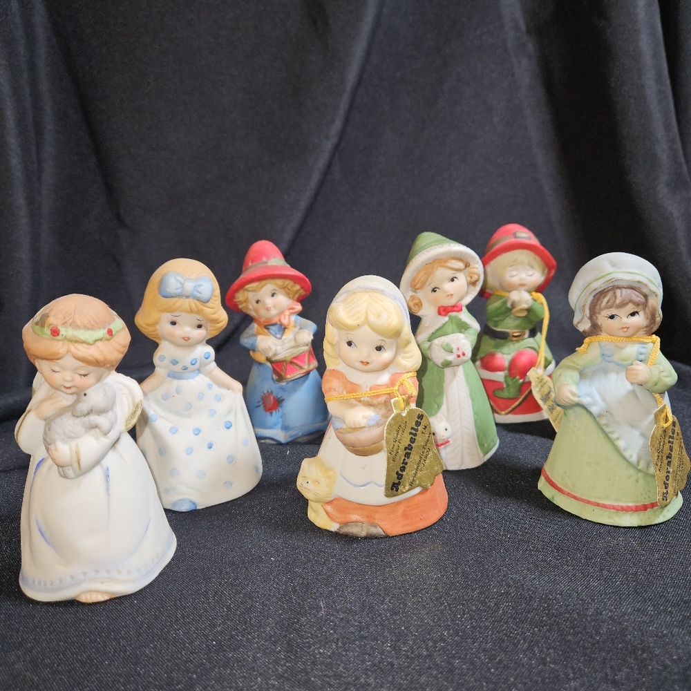 7 Vintage Jasco Bisque Porcelain Adorabelles Merri Bells Figurines